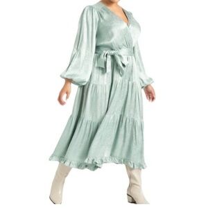 Eloquii Surplice Snakeskin Mint Green Long Sleeve Tiered Faux Wrap Midi Dress 22